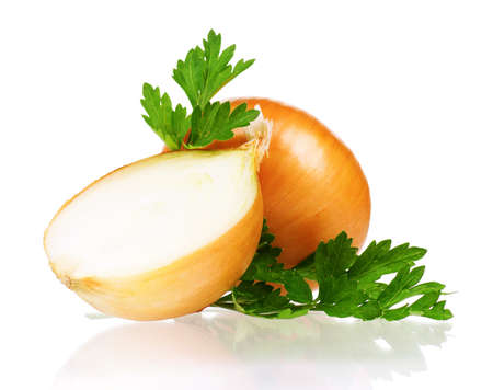 Fresh bulbs of onion not cleared on a white backgroundの写真素材