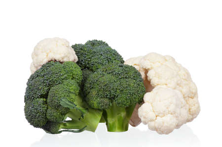Fresh ripe broccoli piece and cauliflower cabbage vegetables on white backgroundの写真素材