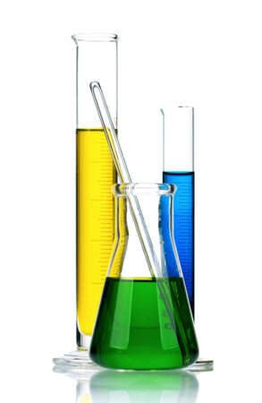 Laboratory glassware with colorful liquids on white backgroundの写真素材