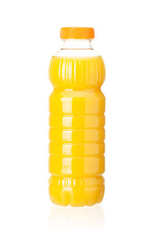 Orange juice in plastic bottle on white backgroundの写真素材