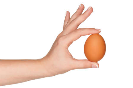 Woman hand with egg isolated on white backgroundの写真素材