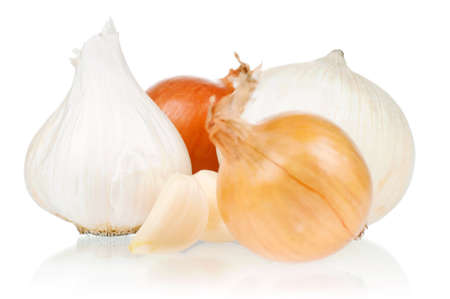 Fresh vegetables on white background - garlic, onionの写真素材