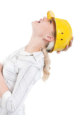 Portrait of attractive architect girl with hard hat - isolated on white backgroundの写真素材