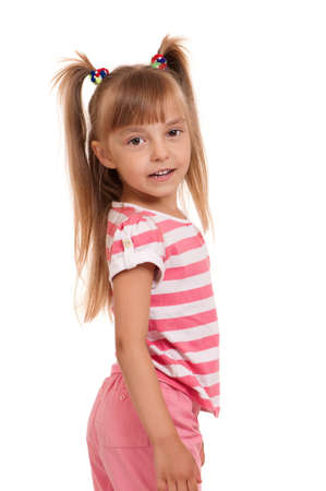 Portrait of emotionally kid  Funny little girl isolated on white background  Beautiful caucasian model の写真素材