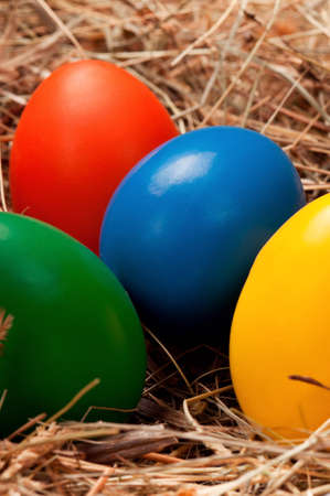 Easter eggs in the natural nest of hayの写真素材
