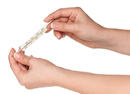 Woman hands with thermometer isolated on white background