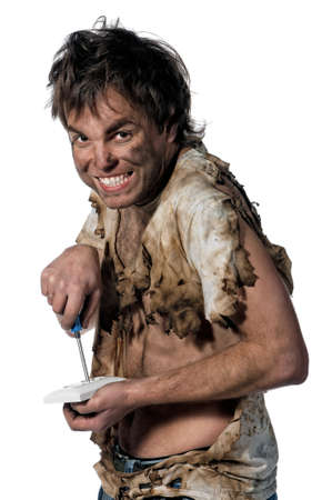 Portrait of funny electrician over white backgroundの写真素材