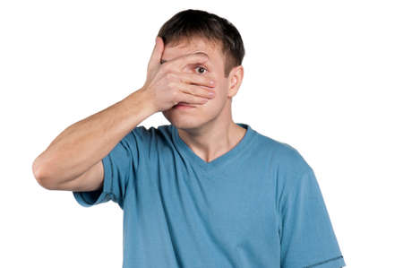 See no evil - portrait of man isolated on white backgroundの写真素材