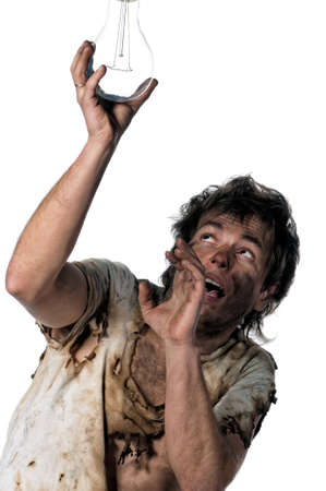 Portrait of funny electrician over white backgroundの写真素材
