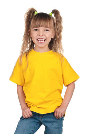 Portrait of happy little girl over white backgroundの写真素材