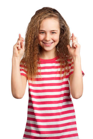 Portrait of superstitious girl isolated on white backgroundの写真素材