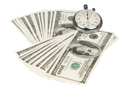 Heap of dollars with stopwatch isolated on a white backgroundの写真素材