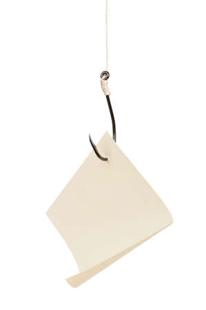 Fish hook with blank note paper isolated on white backgroundの写真素材