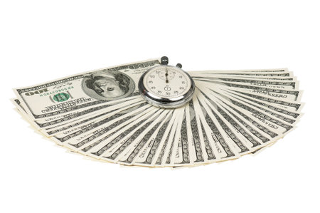 Heap of dollars with stopwatch isolated on a white background