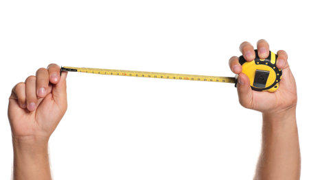 Man hands with tape measure isolated on white background