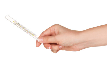 Woman hand with thermometer isolated on white background