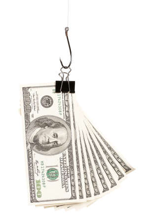 Fish hook with dollars isolated on white backgroundの写真素材