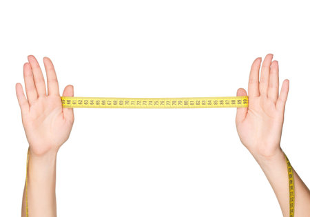 Woman hands with measure tape isolated on white background
