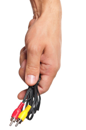 Man hand with cable connectors isolated on white background