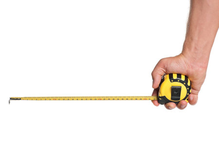 Man hand with tape measure isolated on white background