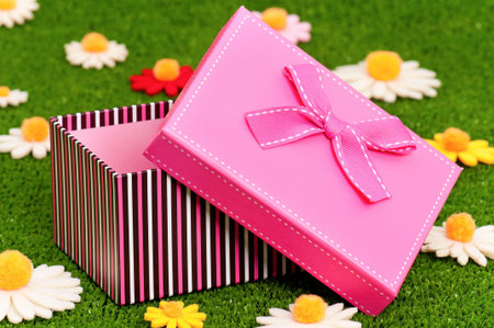 Gift box with bow on artificial green grass