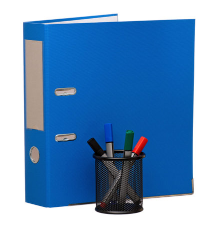 Big blue folder and markers, isolated on white backgroundの写真素材