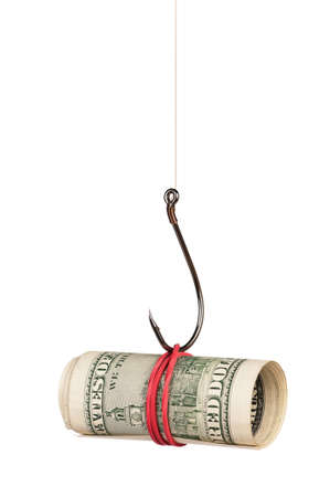 Fish hook with dollars isolated on white backgroundの写真素材
