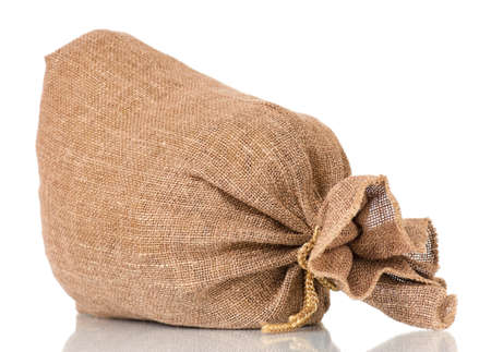 Full small burlap sack, isolated on white backgroundの写真素材