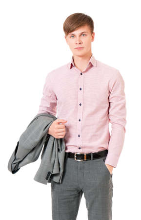 Young businessman in suit, isolated on white backgroundの写真素材
