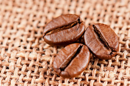 Closeup of coffee beans on the burlap