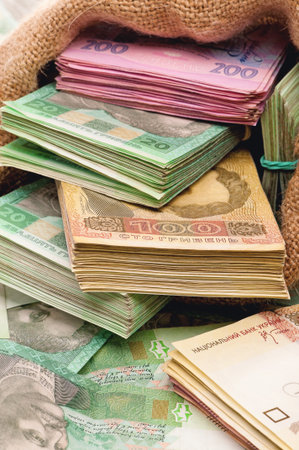 Close-up of money bag with ukrainian hryvna