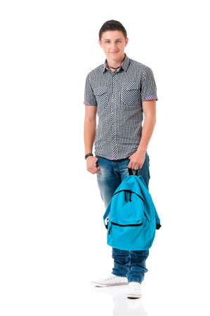 Happy boy student with backpack, isolated on white backgroundの写真素材