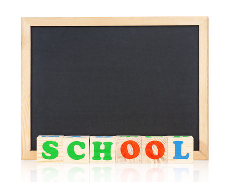 School word formed by wood alphabet blocks with small blackboard, isolated on white backgroundの写真素材
