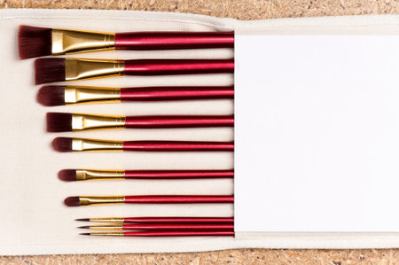 Professional makeup brushes on wood background - top view