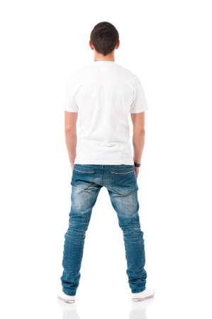 Back white T-shirt on a young man, isolated on white backgroundの写真素材