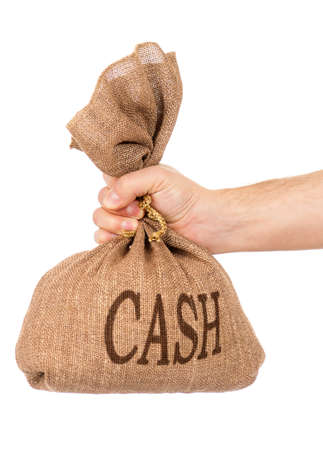 Man hand with money bag, isolated on white backgroundの写真素材