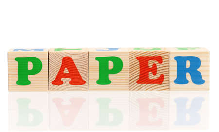 Word paper formed by wood alphabet blocks, isolated on white backgroundの写真素材