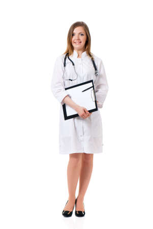 Beautiful young doctor with file folder and stethoscope isolated on white backgroundの写真素材