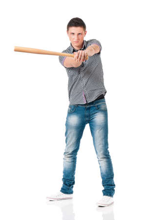 Angry man with wooden baseball bat, isolated on white backgroundの写真素材