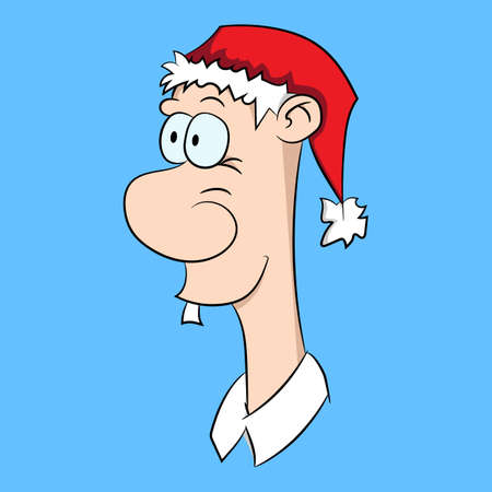 Vector illustration of Christmas cartoon. Portrait of man with Santa hat.のイラスト素材