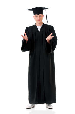 Handsome graduate guy student in mantle, isolated on white backgroundの写真素材
