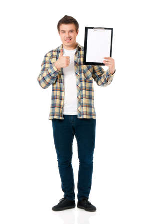 Young man with clipboard, isolated on white backgroundの写真素材