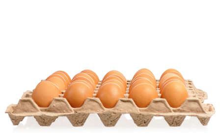 Cardboard egg box with brown eggs, isolated on white backgroundの写真素材