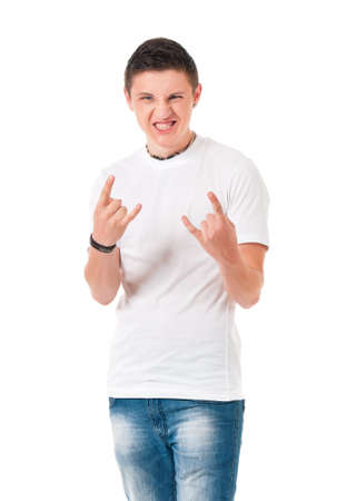 Portrait of a young crazy man, isolated on white backgroundの写真素材