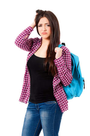Cute girl student with bag, isolated on white backgroundの写真素材