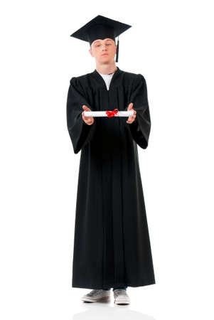 Handsome graduate guy student in mantle with diploma, isolated on white backgroundの写真素材