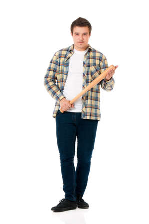 Man with wooden baseball bat, isolated on white backgroundの写真素材