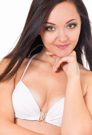 Portrait of sexy young brunette woman, isolated on white backgroundの写真素材