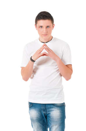 Man in white T-shirt, isolated on white backgroundの写真素材