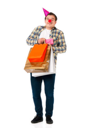 Man with present gift, isolated on white backgroundの写真素材
